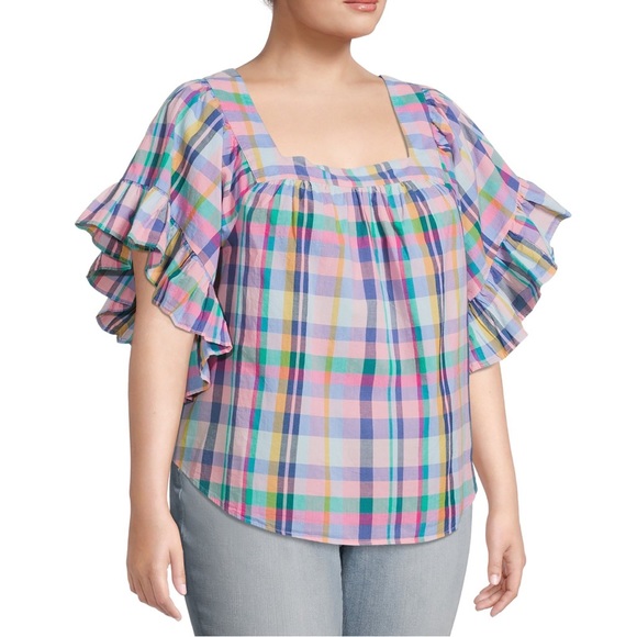 EUC Terra & Sky Women's Plus Size 2x Square Neck Peasant Top purple & pink plaid - Picture 2 of 5